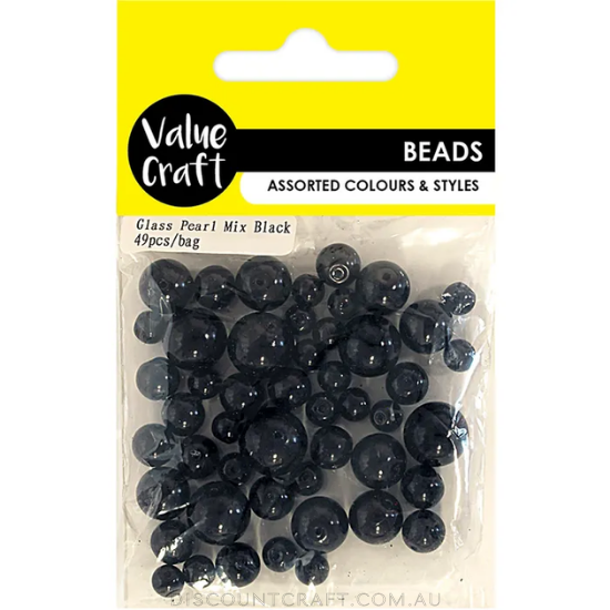 Glass Pearl Beads - Assorted Sizes 49pk - Black