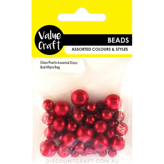 Glass Pearl Beads - Assorted Sizes 49pk - Red