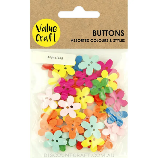 Buttons MDF Wooden 40pk - Flowers Multi Colours