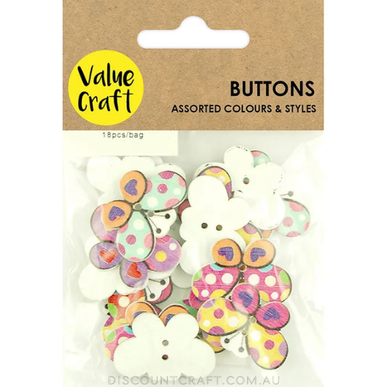 Buttons MDF Wooden 18pk - Butterfly Asst Colours