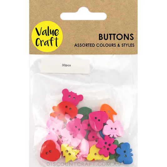 Buttons Kids Assorted 1-1.5cm 30pk - Assorted Bright Colours