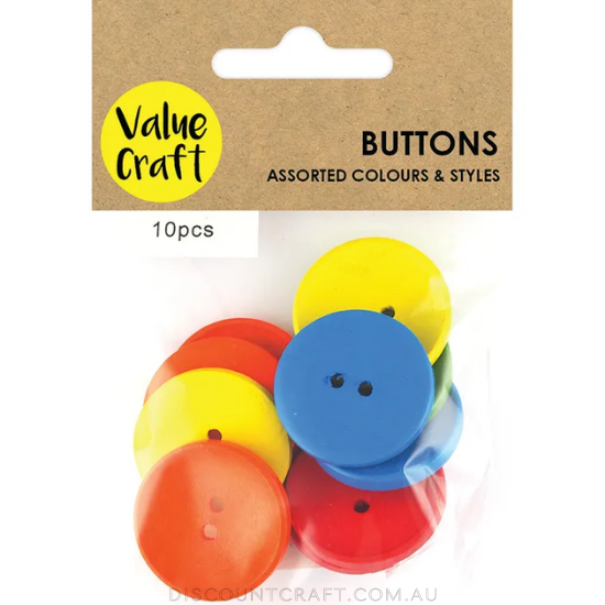 Buttons Wooden Round 30mm 10pk - Assorted Colours