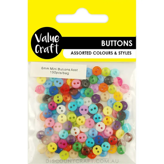 Buttons 6mm Mini Round 150pk - Assorted Colours