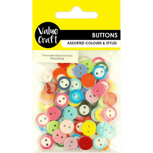 Buttons 10mm White Round 90pk - Assorted Colours