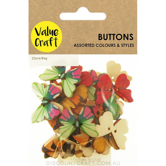 Buttons MDF Wooden 20pk - Butterfly