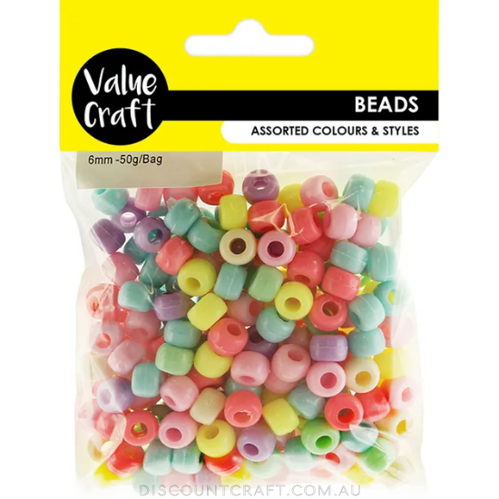 Pony Beads 6mm - Assorted Pastel Colours 50g