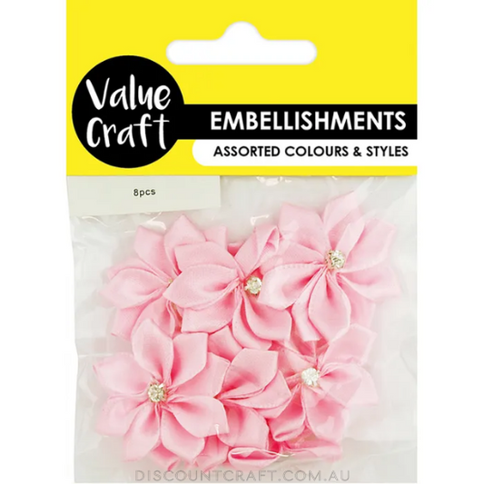 Satin Flowers with Diamantes 8pk - Pink