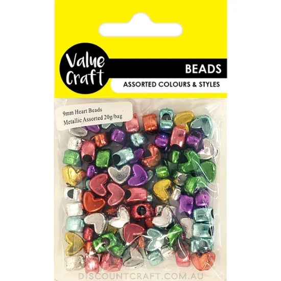 Metallic Heart Beads 9mm - Assorted Colours 20g