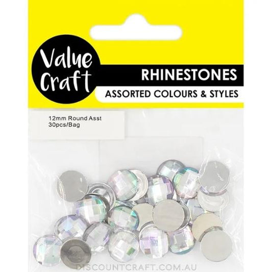 Rhinestones Round 12mm Assorted 30pk