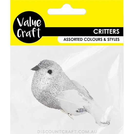 Craft Bird Glitter Silver with Clip 1pk