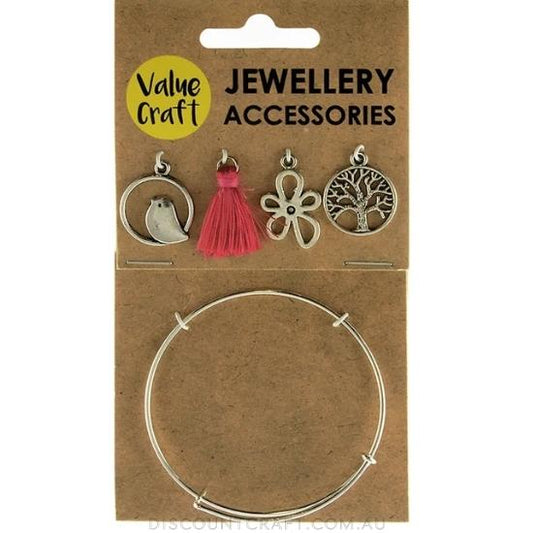 Charm & Braclet Kit - Silver/Hot Pink 5pc