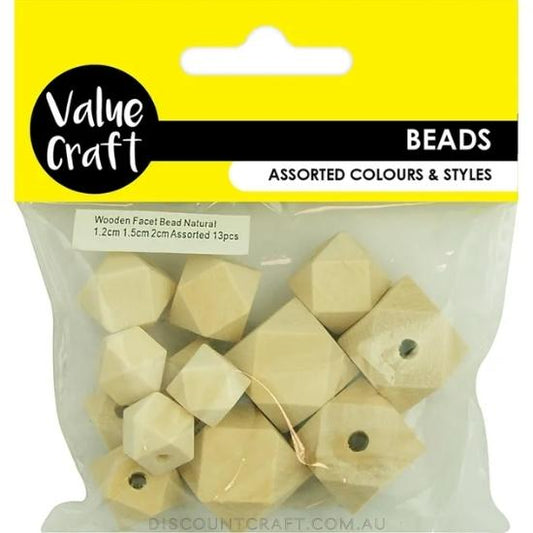 Beads Wooden MDF Facet Asst Natural 13pk