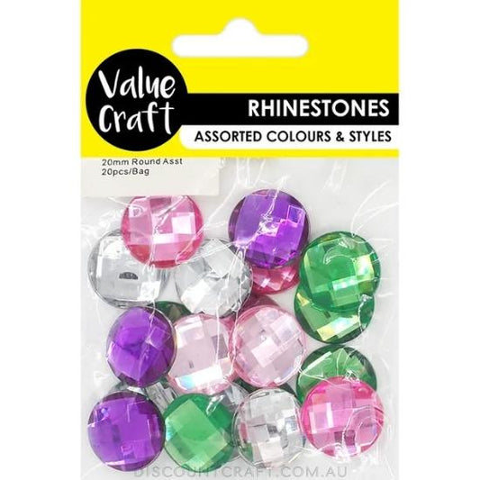 Rhinestones Round 20mm Assorted 20pk