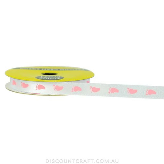 Polyester Satin Ribbon 10mm 3m - Baby Foot Prints Pink