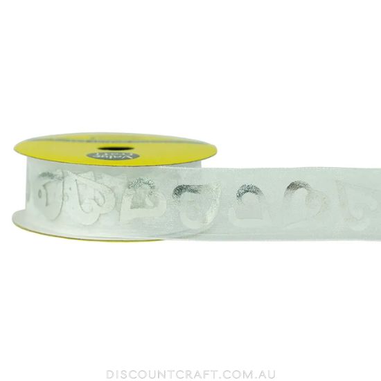 Sheer Ribbon 22mm 3m - White with Silver Hearts