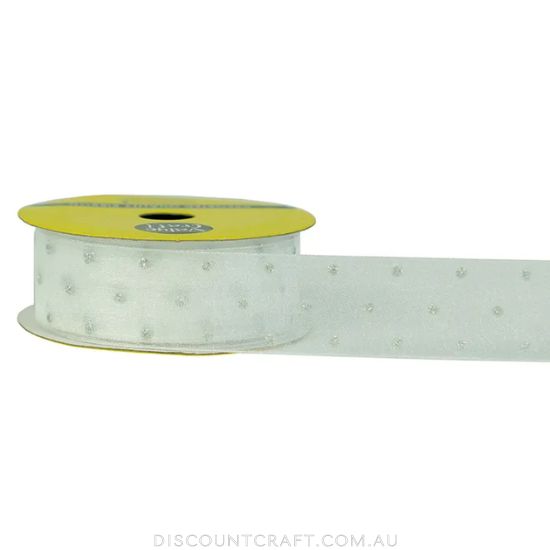 Sheer Ribbon 24mm 3m - White with Silver Dots
