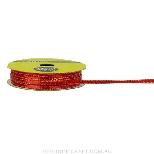 Satin Ribbon 3mm with Gold Edging 10m - Red