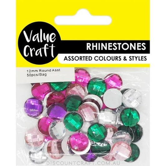 Rhinestones Round 12mm Coloured 50pk