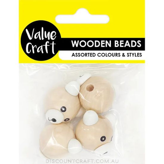 Teddy Bear Wooden Beads 25mm 4pk