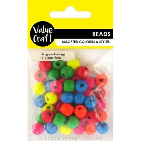 Wooden Fluoro Round Beads - Assorted Colours 15g + Thread