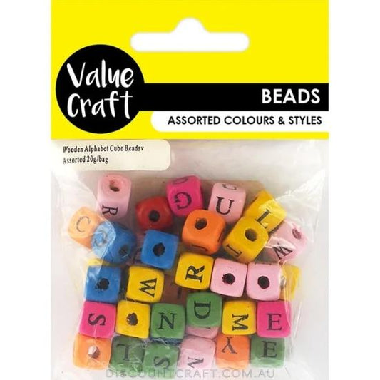 Wooden Alphabet Cube Beads - Assorted Colours 20g