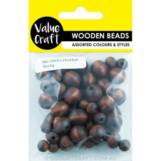 Beads Wooden Round 12mm & 8mm - Brown 55pk