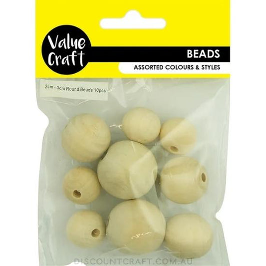 Beads Wooden Round Assorted - Natural 10pk